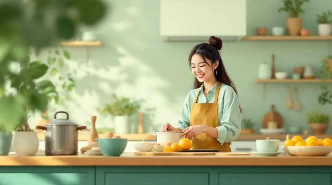 A woman cooking happily in her kitchen