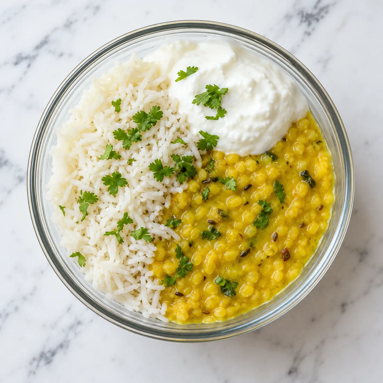 A bowl containing rice, yellow dal and a white accompaniment.