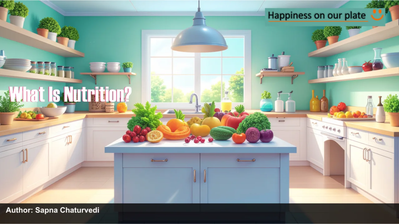Existing What Is Nutrition illustration showing vegetables in a bright kitchen.