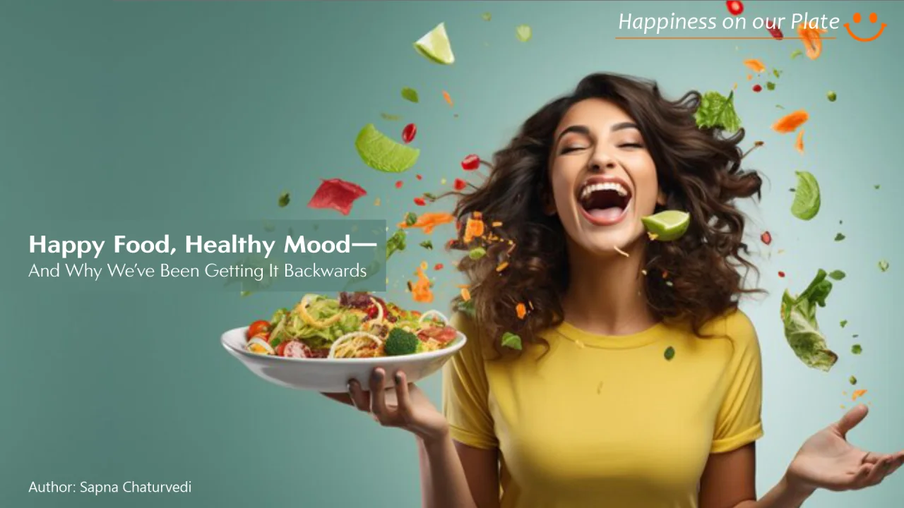 Existing Happy Food, Healthy Mood cover with a smiling woman and a bowl of food.