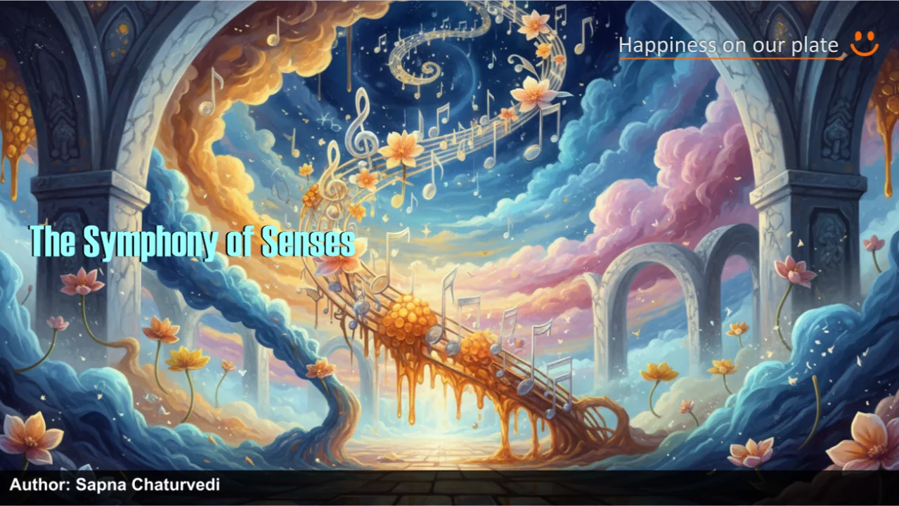 Existing Symphony of Senses fantasy illustration with musical notes and flowers.