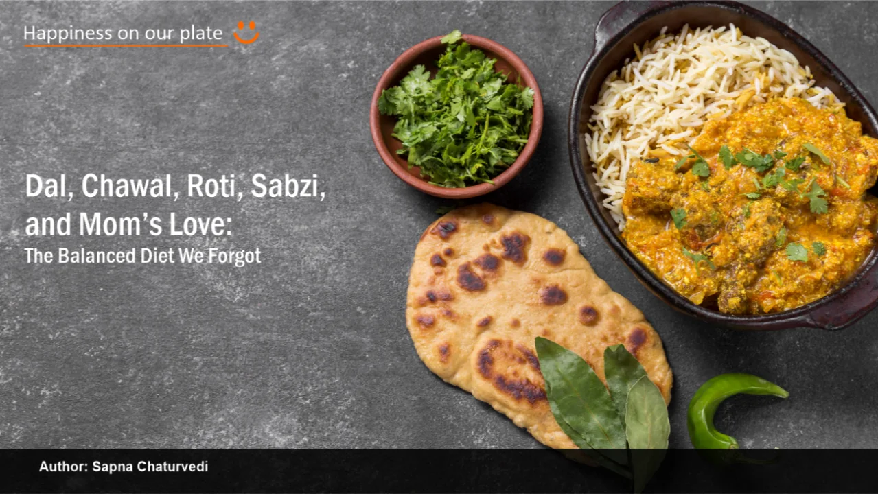 Existing cover showing dal, rice, roti and herbs.