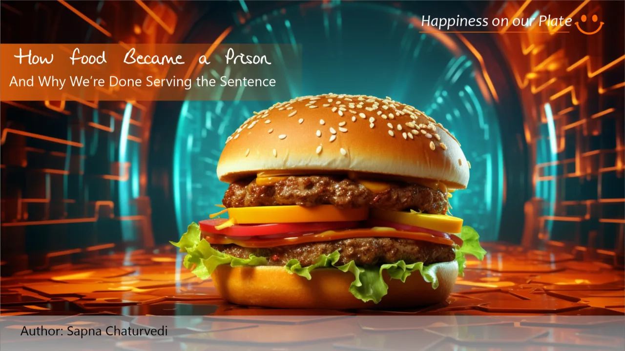 Existing Food Became a Prison illustration showing a burger against a dramatic background.